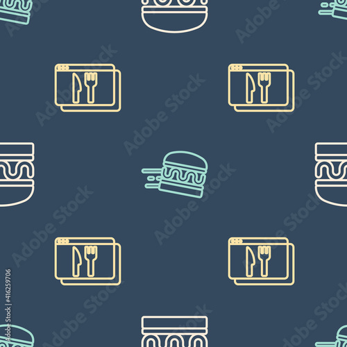 Set line Burger, Online ordering and delivery and burger on seamless pattern. Vector.