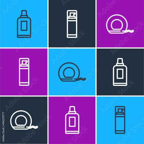 Set line Bottle for cleaning agent, Dental floss and Shaving gel foam icon. Vector.