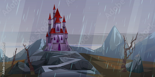 Castle on rock at rainy weather, creepy old or haunted medieval palace in mountains, building with pointed tower roofs under gloomy sky. Fantasy architecture, fortress, Cartoon vector illustration