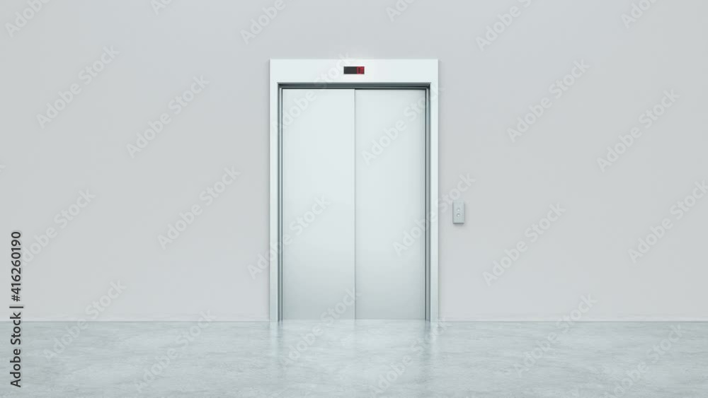 Modern elevator with open metal doors. The doors close and the lift goes up. The numbers change on the display and the button goes out. Choice, business and success concept. 3d animation of 4K