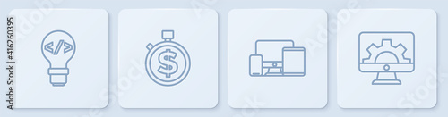 Set line Front end development, Monitor, mobile, tablet, Time is money and Web. White square button. Vector.