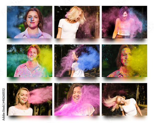 Photography Set of photos with merry women playing with gulal paint