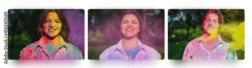 Photography Set of photos with laughing women playing with gulal paint