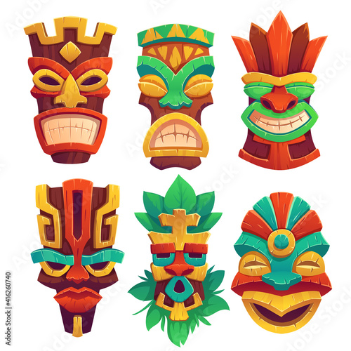Tiki masks, tribal wooden totems, hawaiian or polynesian style attributes, scary faces with toothy mouth, decorated with leaves isolated on white background. Cartoon vector illustration, icons set