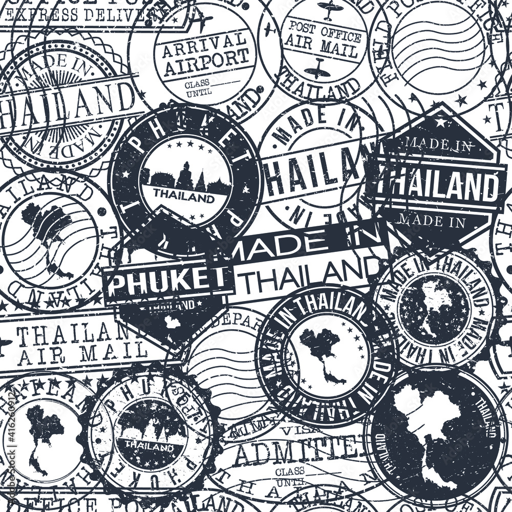 Phuket, Thailand Set of Stamps. Travel Passport Stamps Pattern. Made In Product. Design Seals in Old Style Insignia Seamless. Icon Clip Art Vector Collection.
