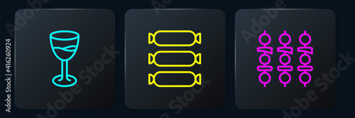 Set line Wine glass, Grilled shish kebab and Sausage. Black square button. Vector.