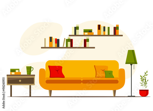 living room interior with furniture, flat cartoon vector illustration