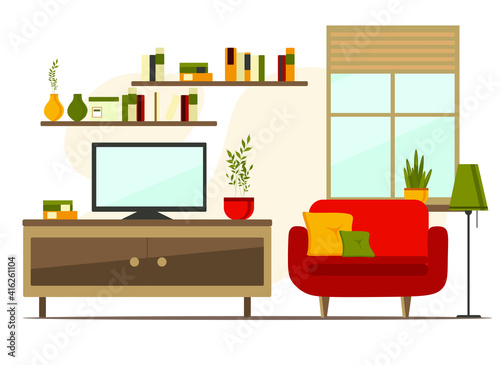 living room interior with furniture, flat cartoon vector illustration