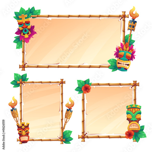 Bamboo frames with tiki masks, old parchment and burning torches, tribal wooden totems, hawaiian or polynesian style borders for hut bar signboard, Cartoon vector illustration, banners or posters set