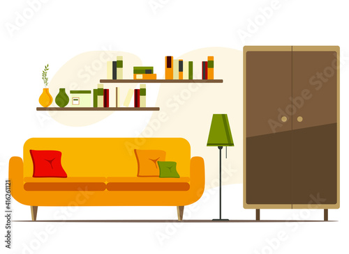 living room interior with furniture, flat cartoon vector illustration