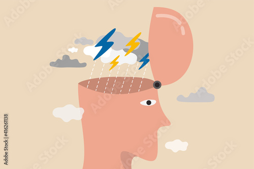 Depression, anger, stressed and anxiety emotion concept, man with head open reveal his brain with thunder storm raining metaphor of depressed or mental illness.