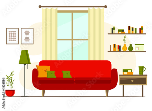 living room interior with furniture, flat cartoon vector illustration