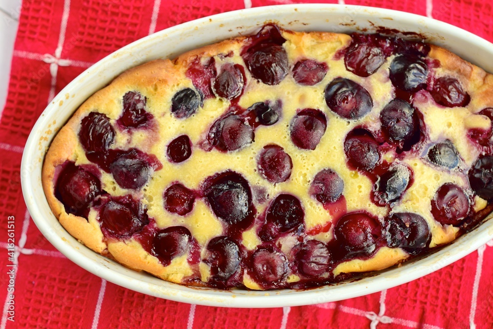 Homemade Cherry Clafoutis on baking dish