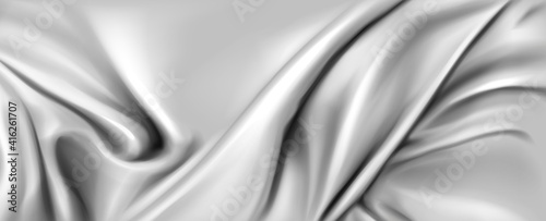 Abstract background with silk cloth texture, shiny satin fabric with waves and drapery. Vector realistic wallpaper with luxury flowing silvery textile. Elegant background with gray smooth material