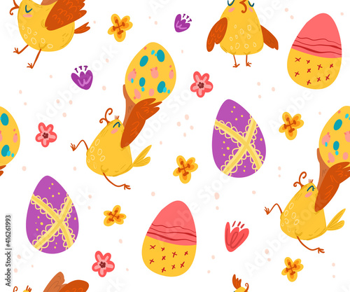 cute easter birds with eggs and singing pattern