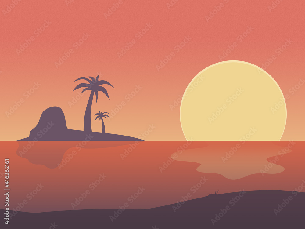 Sunset sea sun palm trees landscape illustration