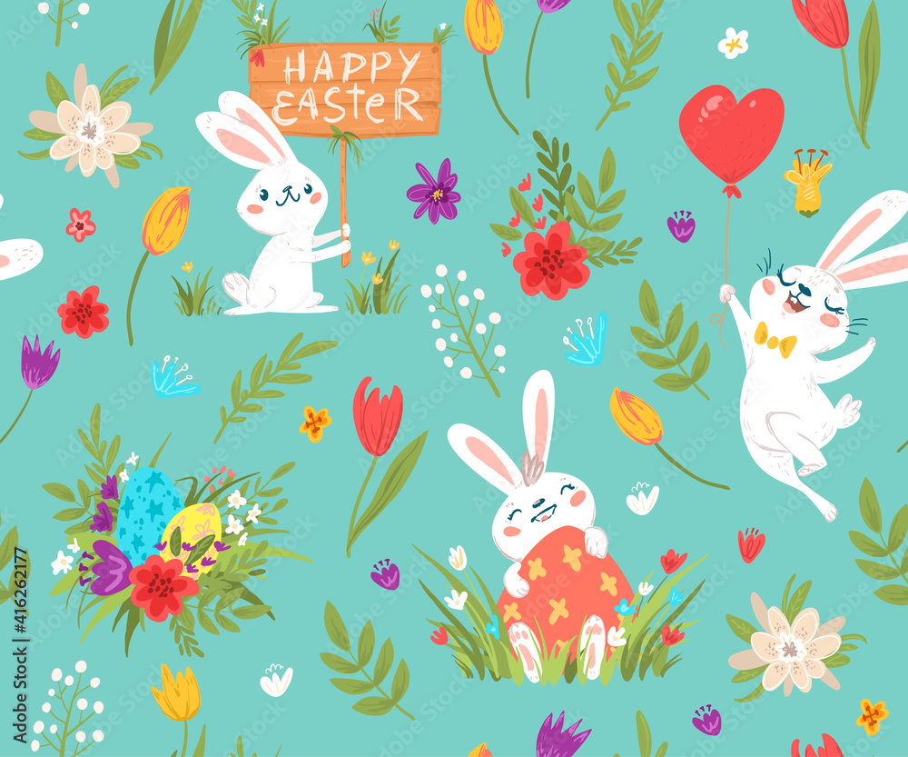 Happy easter seamless pattern with different rabbits and flowers arrangements