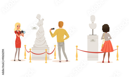 People Admiring Sculptures at Exhibition, Visitors Viewing Exhibits at Classic Art Gallery or Museum Cartoon Vector Illustration