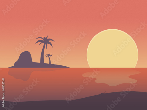 Sunset sea sun palm trees landscape illustration © Commodo opera