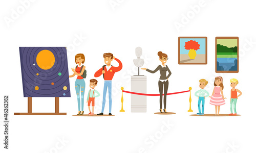 People Admiring Paintings and Sculptures at Exhibition, Visitors Viewing Exhibits at Classic Art Gallery or Museum Cartoon Vector Illustration