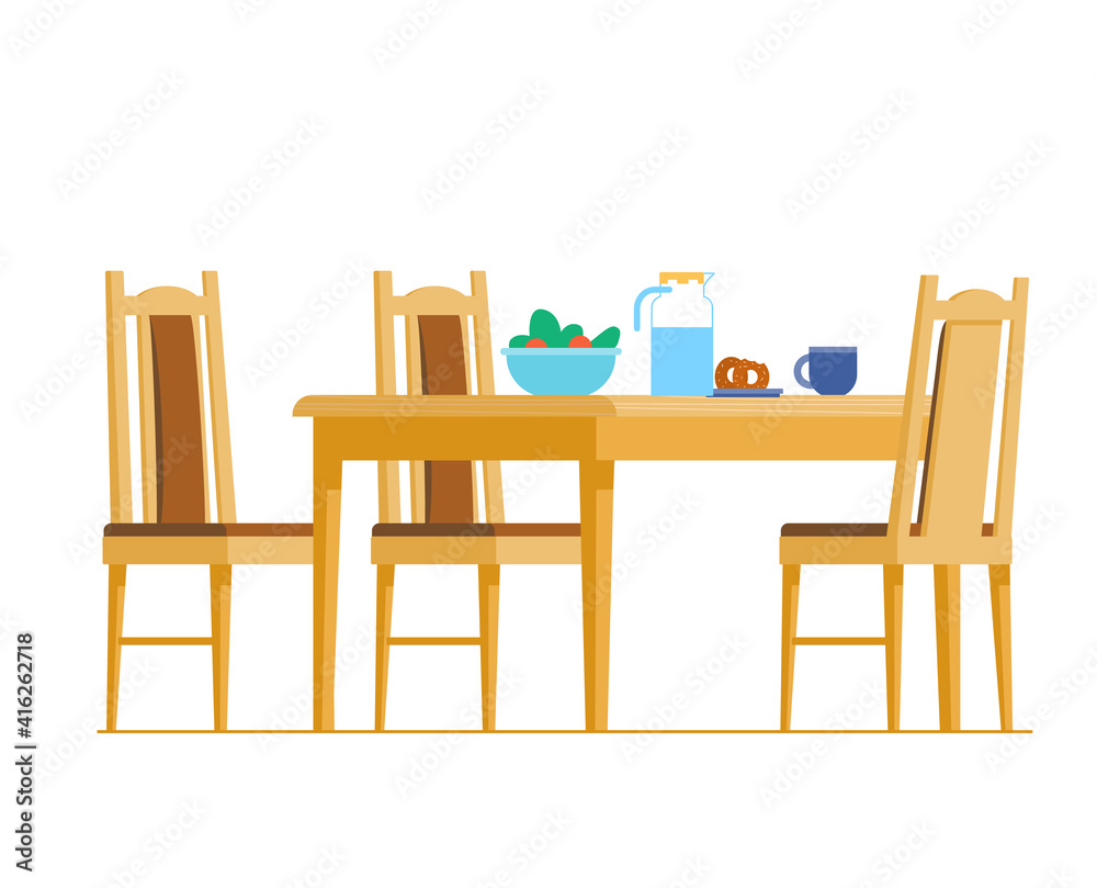 Wooden Kitchen Table With Chairs With Food And Drinks On It Flat Vector Illustration. Isolated On White. Wooden Kitchen Table With Chairs With Food And Drinks On It Flat Vector Illustration. Isolated On White.