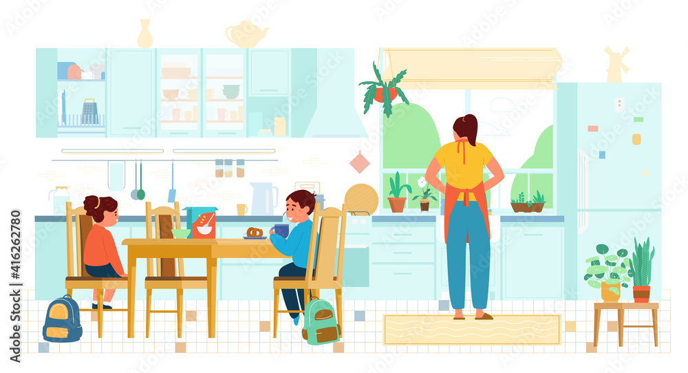 Flat Vector Illustration Of Children Having Breakfast Before School Mother Washing Dishes In The Kitchen. Kitchen Interior With Wooden Furniture, Window, Fridge, Plants, Table With Chairs.