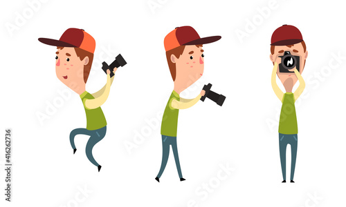 Paparazzi with Camera Set  Male Photographer Character with Camera in Various Poses Cartoon Vector Illustration