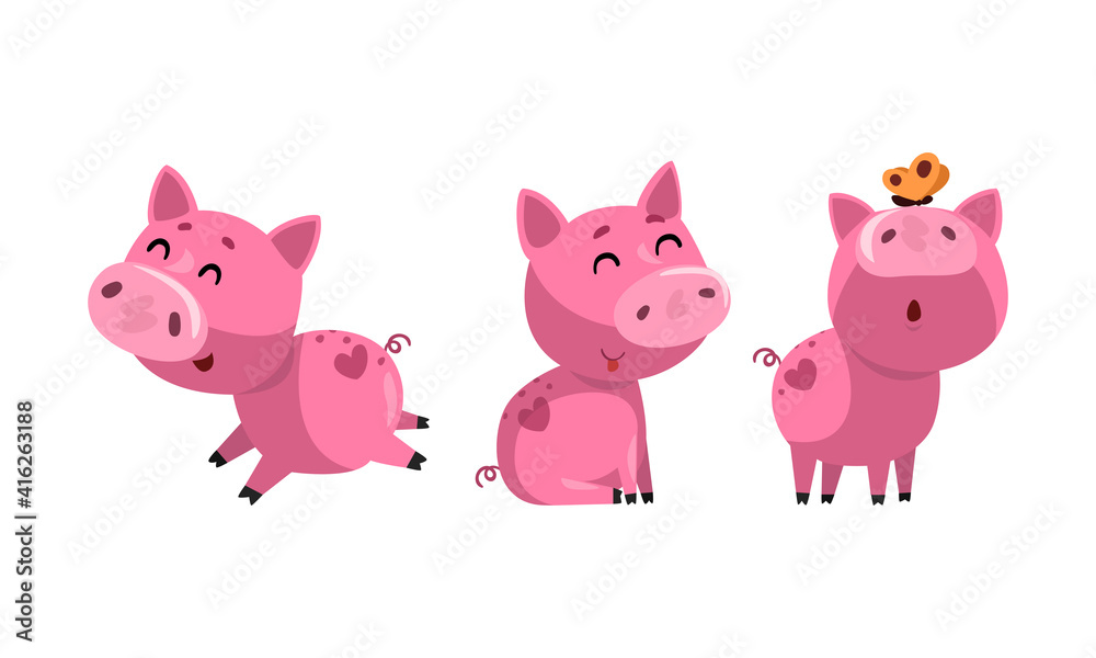Set of Funny Piglets, Cute Humanized Pig Farm Animal Character Cartoon Vector Illustration