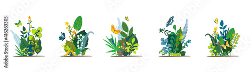 Beautiful floral background, panorama. Bright spring and summer set of leaves, colorful flowers, caterpillars, butterflies. For wedding, kids, greeting card, cover social network. Vector illustration.