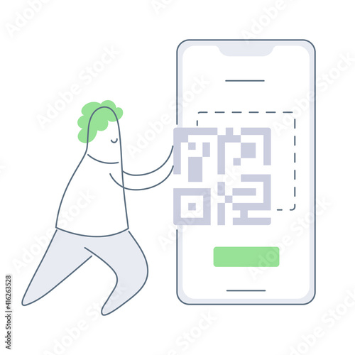 QR code uploading to the mobile phone, QR scanner. Identification, tracking concept. Cute cartoon man pushing the code to the mobile app. Flat thin line vector illustration on white.