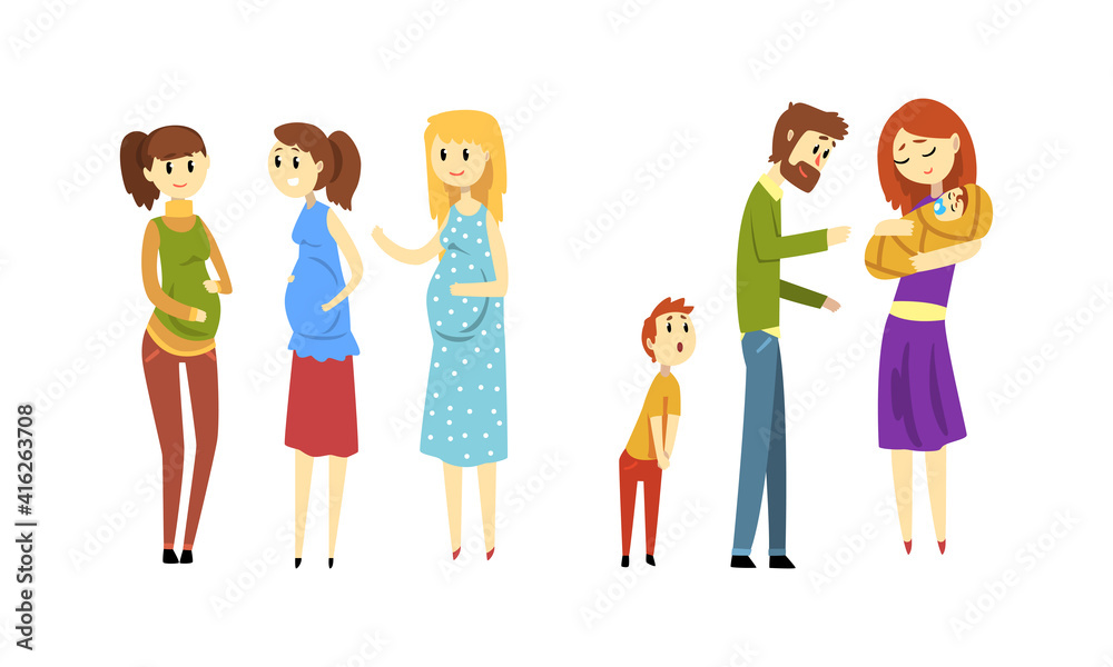 Young Women Expecting Babies Set, Pregnant Women Talking to Each Other, Family Couple with Newborn Baby Cartoon Vector Illustration Young Women Expecting Babies Set, Pregnant Women Talking to Each Other, Family Couple with Newborn Baby Cartoon Vector Illustration