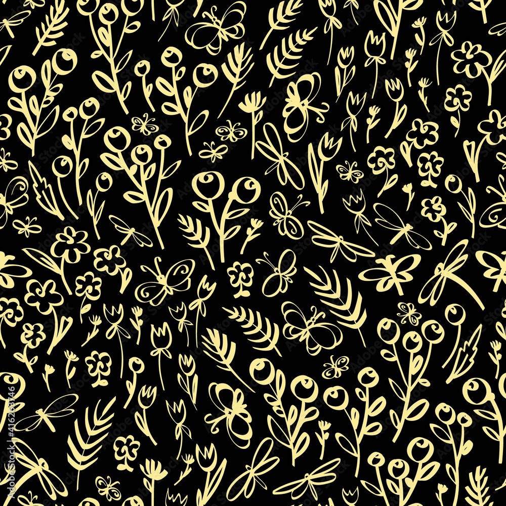 Floral seamless background pattern. Wild flowers and buterlies hand drawn, vector. Spring summer. Fabric swatch, textile design, wrapping