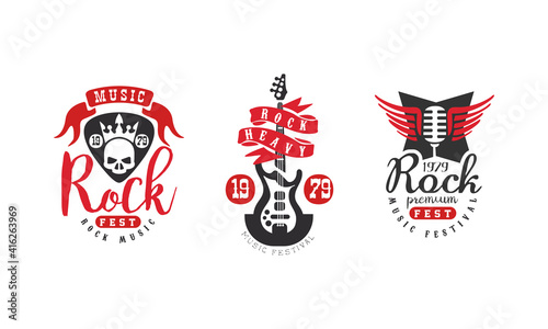 Rock Music Festival Logo Templates Set, Musical Event Retro Badges Vector Illustration