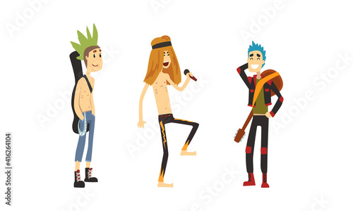 Rock Musicians Set, Rock Stars Characters, Male Singer and Guitarists with Musical Instruments Cartoon Vector Illustration