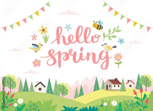 Hello spring card with lettering and cute landscape. Hand drawn flat cartoon. Vector illustration