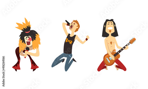 Rock Band Musicians Playing Guitar and Singing Set, Rock Stars Characters, Singer and Guitarists Cartoon Vector Illustratio