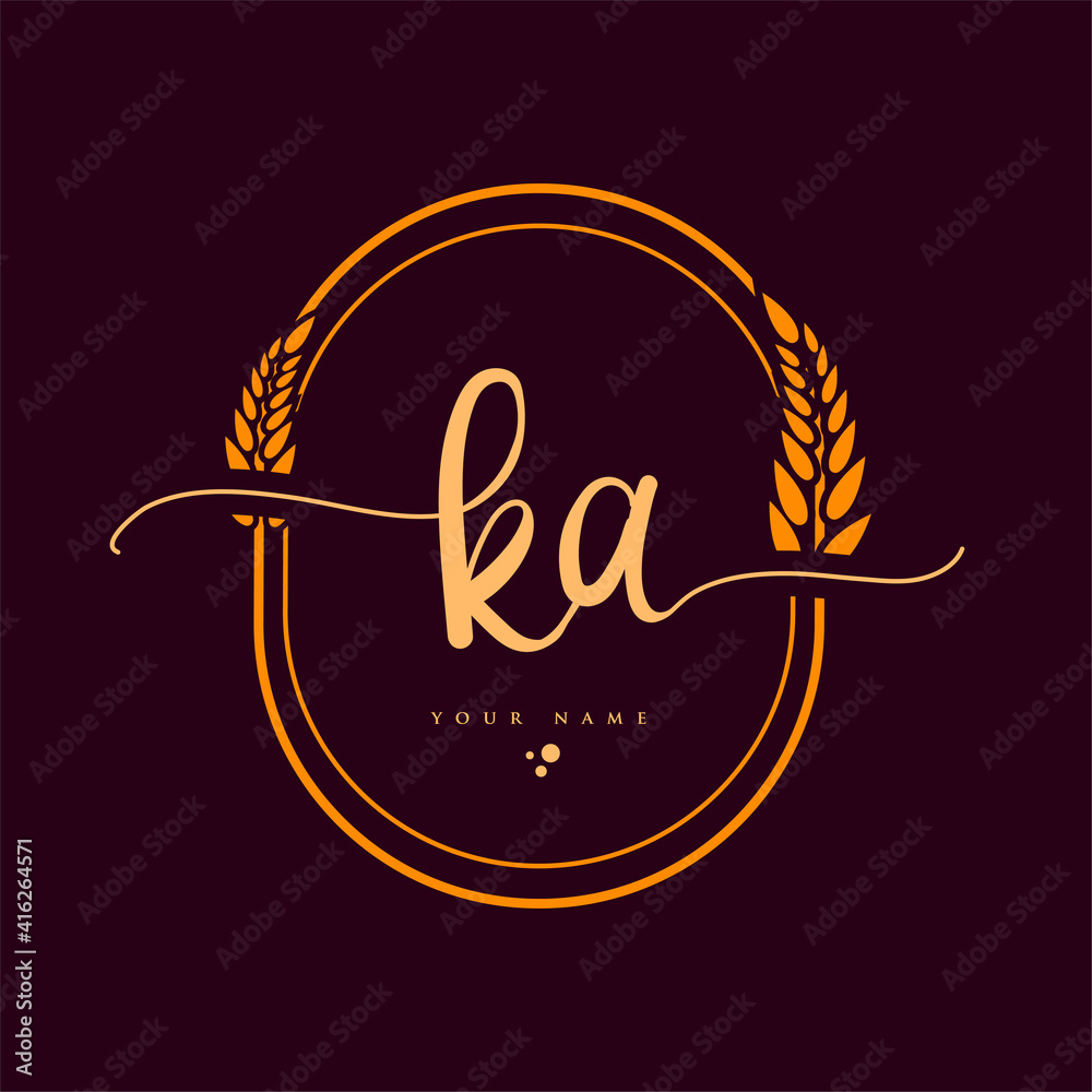 KA Initial handwriting logo. Hand lettering Initials logo branding with wreath, Feminine and luxury logo design isolated on elegant background. - obrazy, fototapety, plakaty 