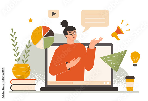 Online webinar, education concept. Teacher or tutor speaking from a laptop screen, making a business presentation. Distance learning, remote training, marketing course. Isolated modern flat vector