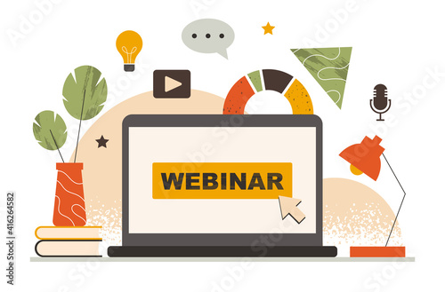 Online webinar, training, marketing course concept. Laptop on the desk, screen showing a webinar platform, starting broadcast. E-learning, video presentation. Isolated modern flat vector illustration