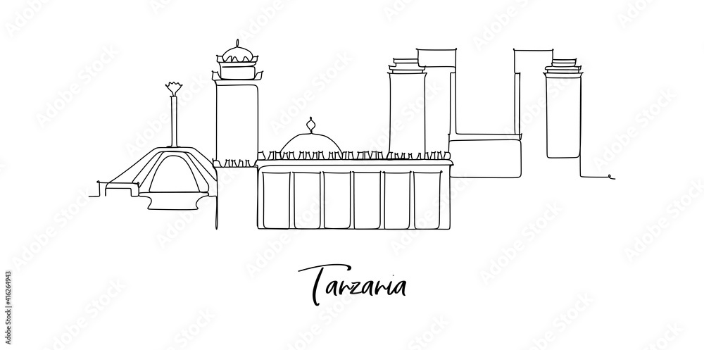 Tanzania ladmarks skyline - continuous one line drawing