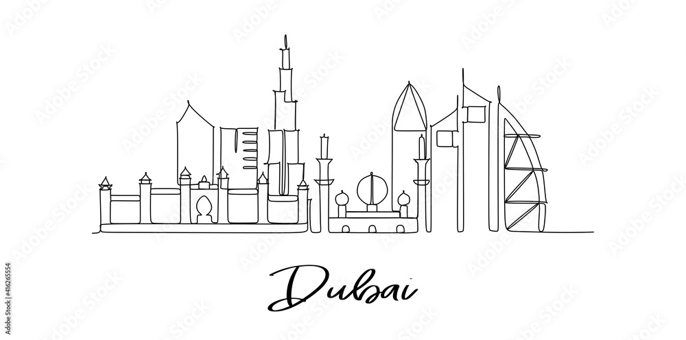 Naklejka premium Dubai landmarks skyline - continuous one line drawing