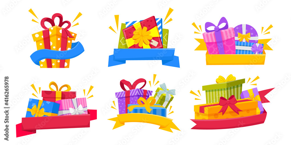 Gift Boxes or Presents set. Cartoon templates for Giveaway media event post. Birthday, Christmas or Valentines Day holiday greetings and invitations. Vector illustration.