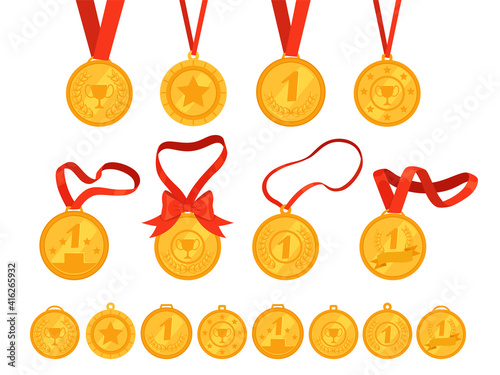 Set of different gold medals with ribbons. Rewarding for victory, first place