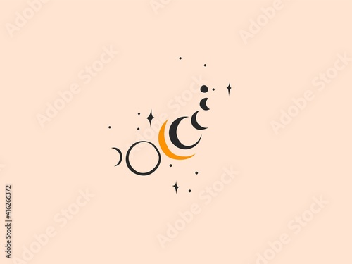 Hand drawn vector abstract stock flat graphic illustration with logo elements,woman fashion magic line art hands touch moon phases and stars in simple style for branding,isolated on color background
