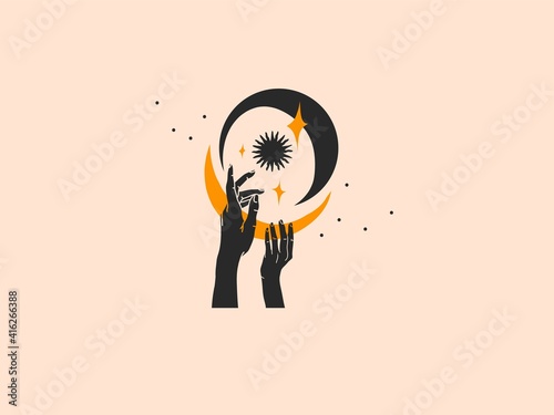 Hand drawn vector abstract stock flat graphic celestial illustration with logo elements,human hand,sun and crescent moon, magic line moon art in simple style for branding,isolated on color background.