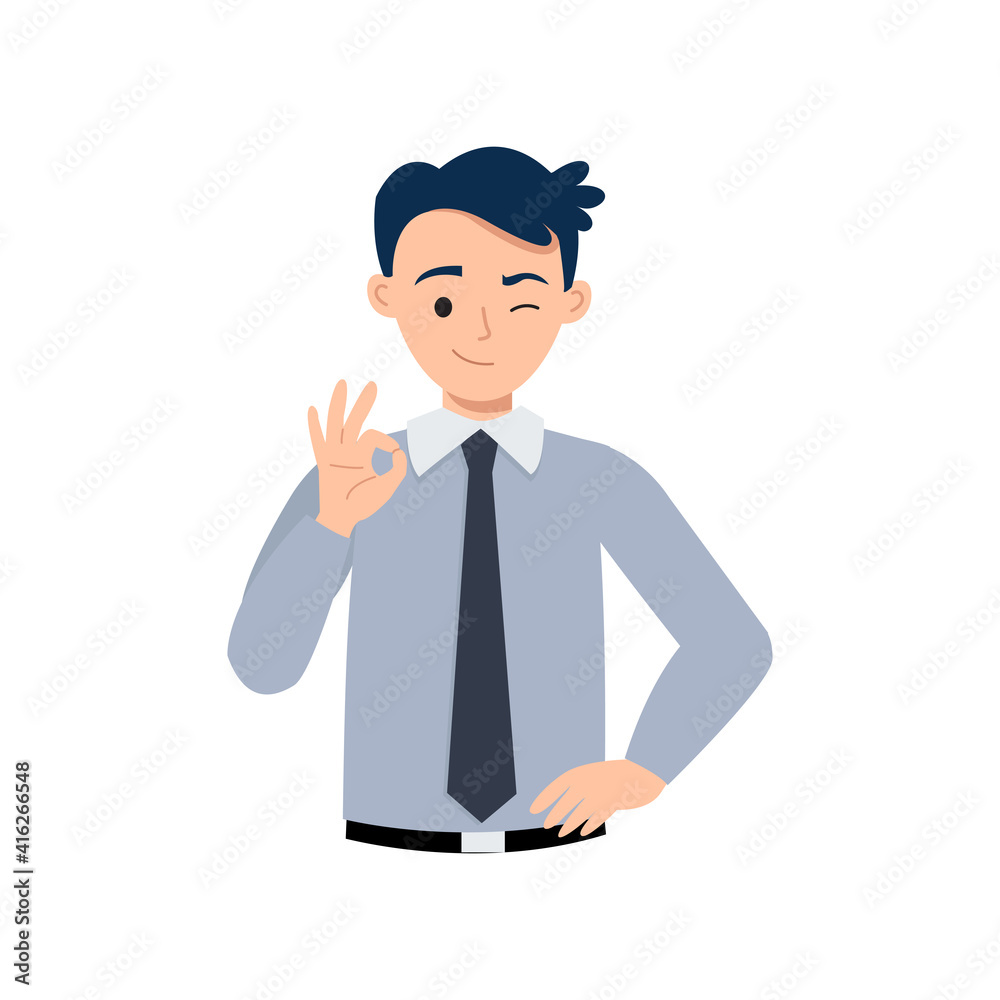 Man in business attire showing ok hand gesture as symbol of agreement or success. Flat vector design Man in business attire showing ok hand gesture as symbol of agreement or success. Flat vector design