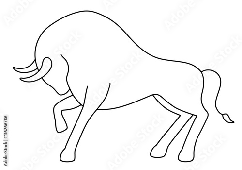 Stylish Bull logo design. Strong Wild Bull contour icon. Symbol of 2021 year. Stylized silhouette of standing and butting up ox. Black outlines isolated on a white background. Vector illustration.
