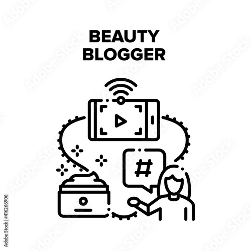 Beauty Blogger Vector Icon Concept. Beauty Blogger Occupation, Woman Recording Video And Giving Advice And Review About Cosmetics And Perfume. Fashion Vlogger Channel Black Illustration