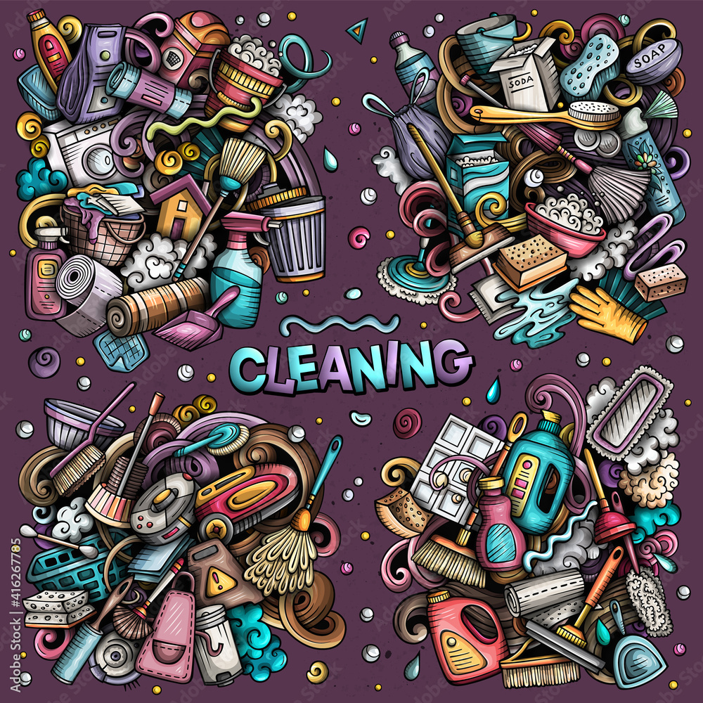 Fototapeta premium Cleaning cartoon vector doodle designs set.