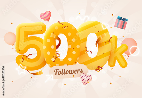 500k or 500000 followers thank you Pink heart, golden confetti and neon signs. Social Network friends, followers, Web user Thank you celebrate of subscribers or followers and likes.